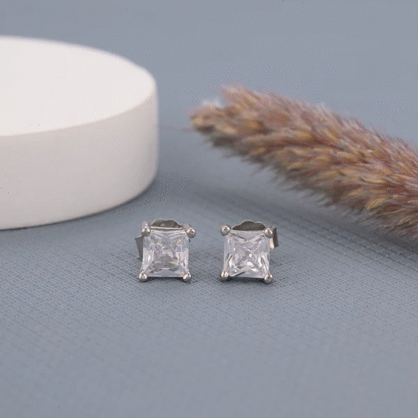 Rhodium-Plated Sterling Silver CZ Square Stud Earrings