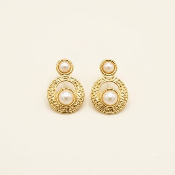 Golden Pearl Drop Earrings with Ornate Pattern for Party Occasions