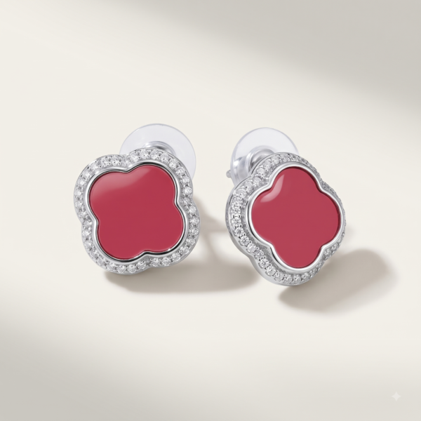 Red Floral Stud Earrings, Silver-Tone Style for Parties and Celebrations