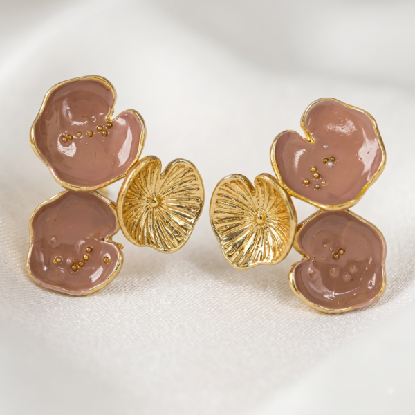 Blush Pink Floral Stud Earrings, Golden Finish for Parties Celebrations