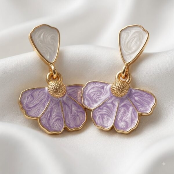 Purple Floral Drop Earrings with Golden-Tone Accents for Party Wear