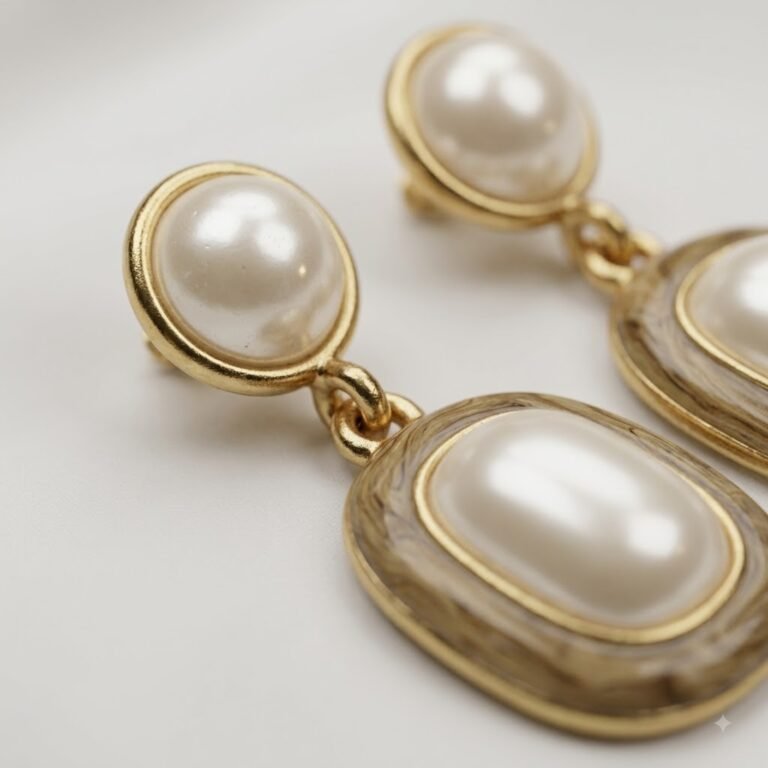 Golden-Tone Pearl-Style Drop Earrings with Textured Frames for Festive Parties
