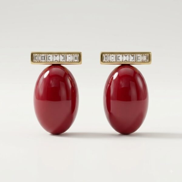 Burgundy Oval Stud Earrings with Golden-Tone Crystal Bars for Parties