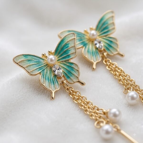 Teal Butterfly Drop Earrings with Golden-Tone Chains for Festive Parties