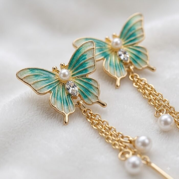 Teal Butterfly Drop Earrings with Golden-Tone Chains