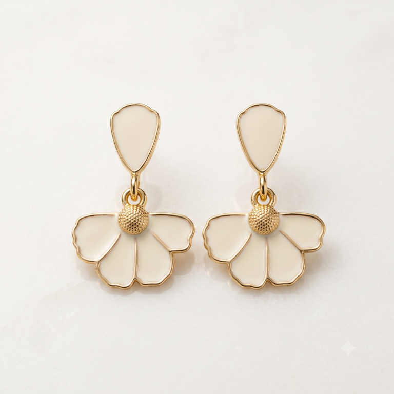 White Floral Drop Earrings with Golden-Tone Accents for Festive Parties