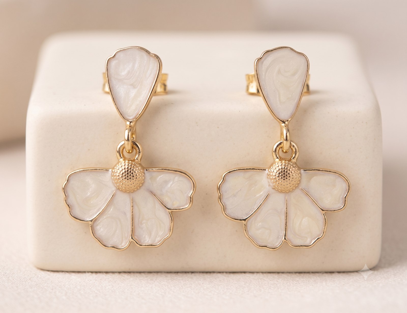 White Floral Drop Earrings with Golden-Tone Accents for Festive Parties
