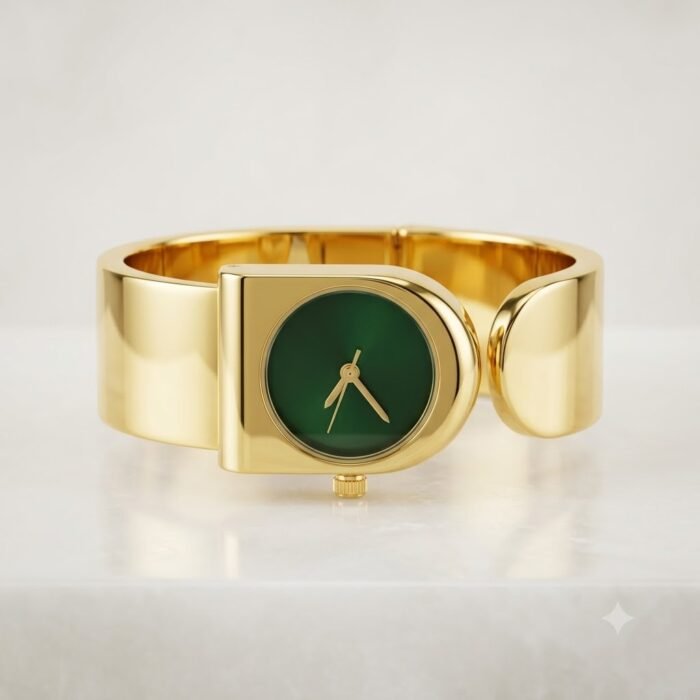 Gold-Plated Stainless-Steel Cuff Watch with Green Dial