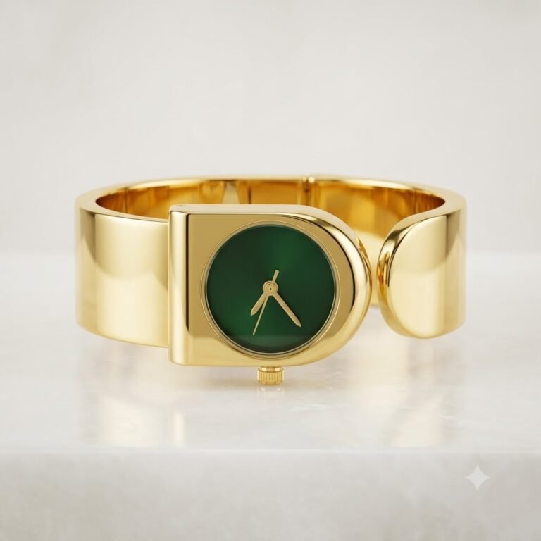 Gold-Plated Stainless-Steel Cuff Watch with Green Dial