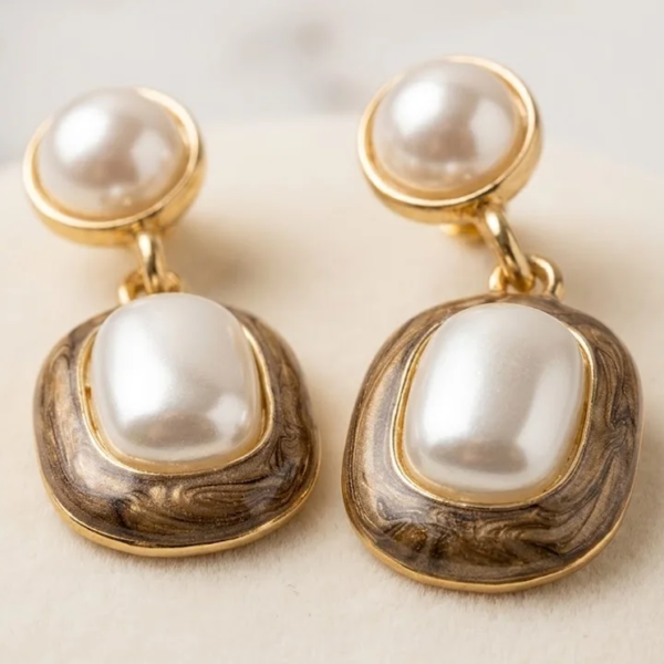 Golden-Tone Pearl-Style Drop Earrings with Textured Frames for Festive Parties