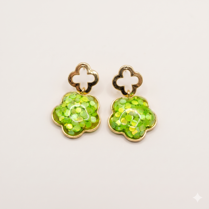 Golden Green Floral Drop Earrings