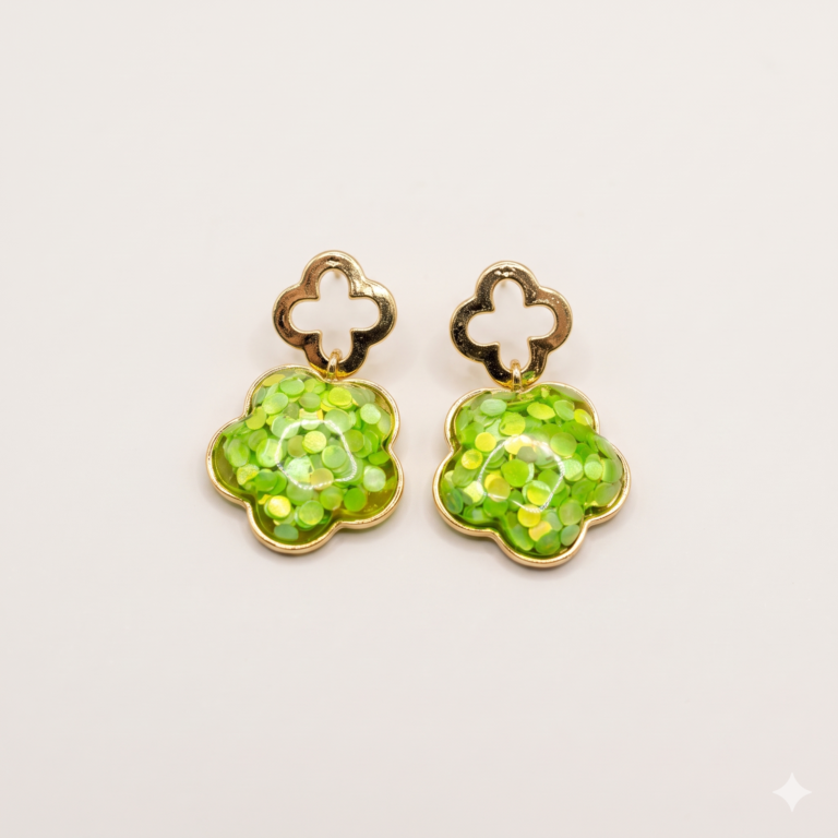 Golden Green Floral Drop Earrings