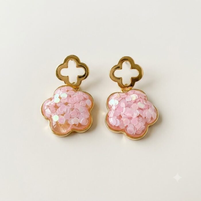 Golden Pink Floral Drop Earrings