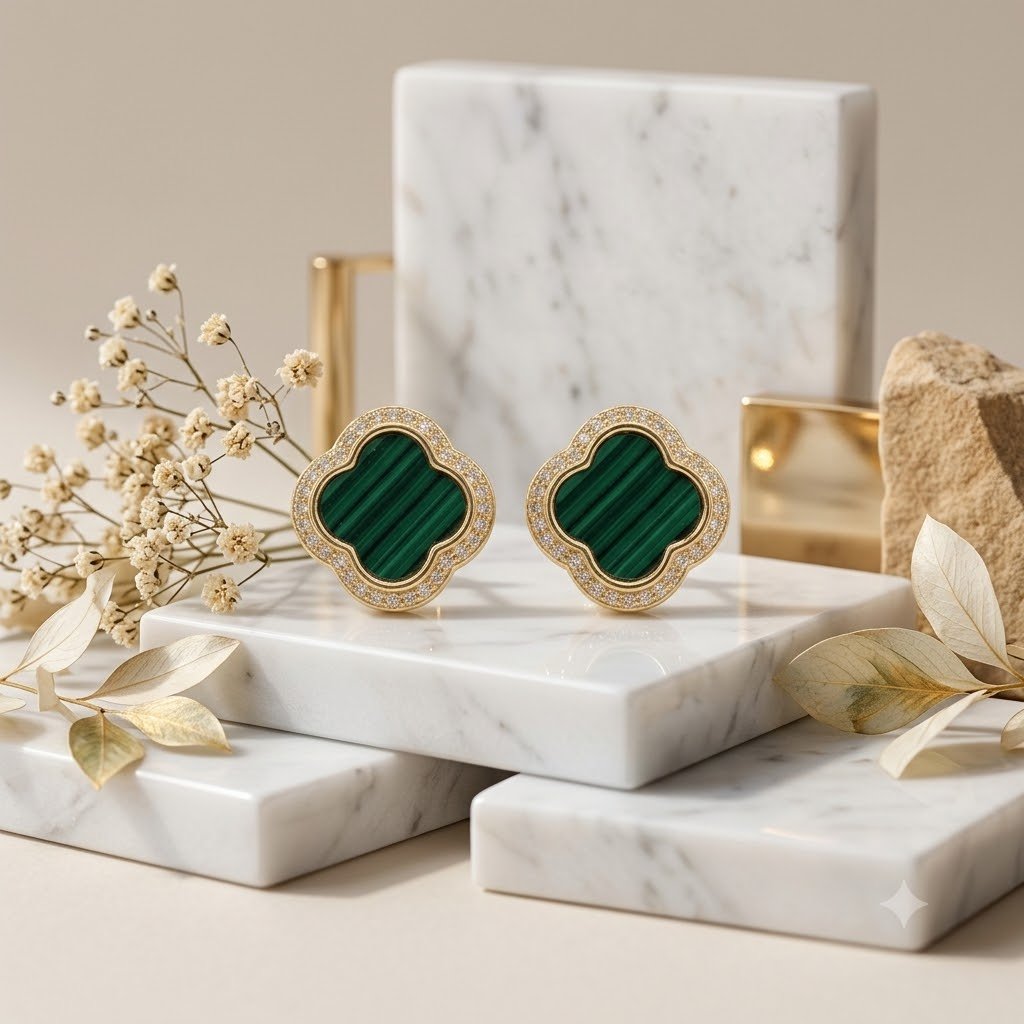 Golden Teal Clover Stud Earrings - Image 2
