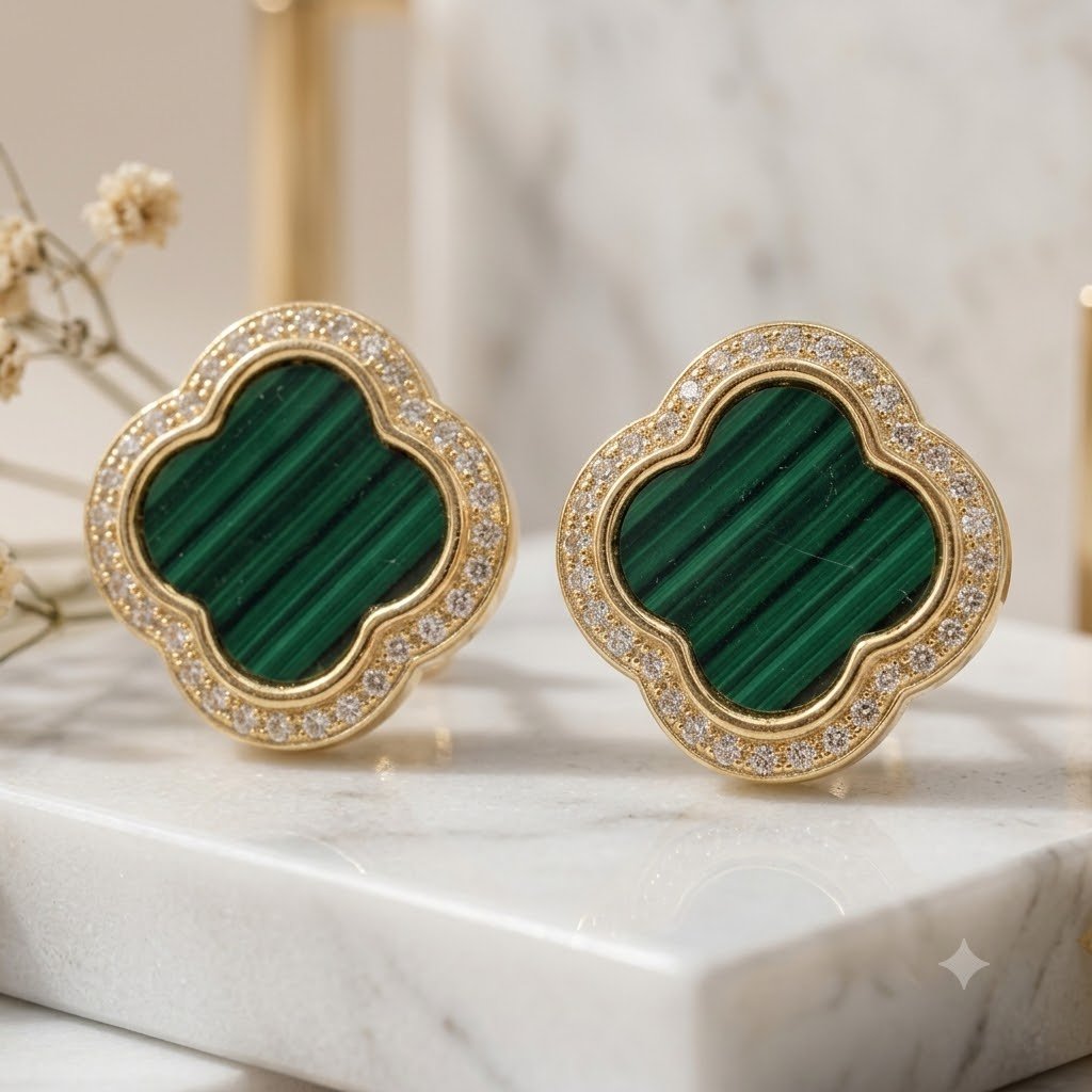 Golden Teal Clover Stud Earrings - Image 3