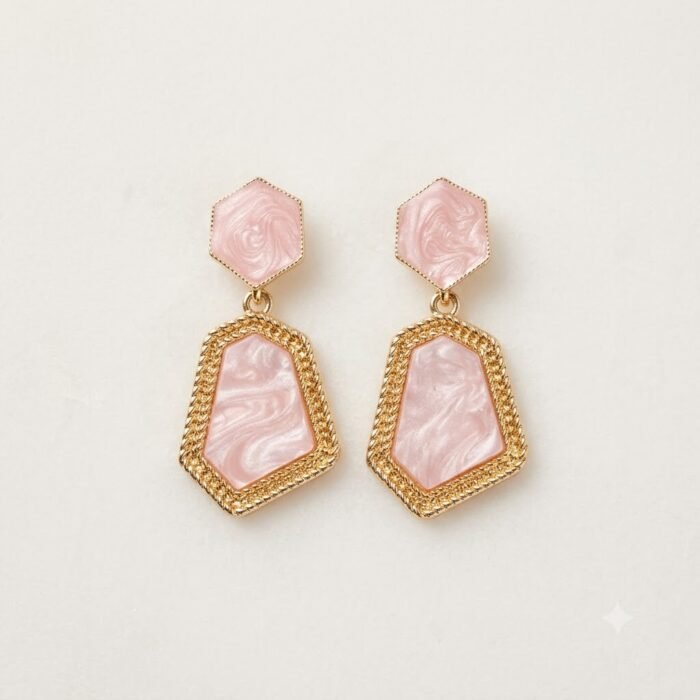 Pink Golden Geometric Drop Earrings