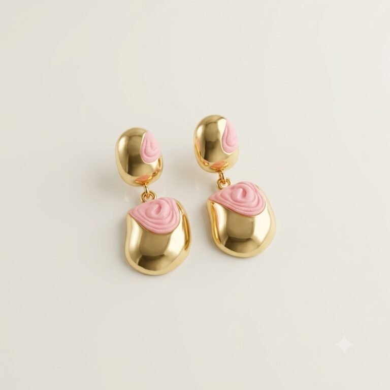 Golden Pink Floral Drop Earrings