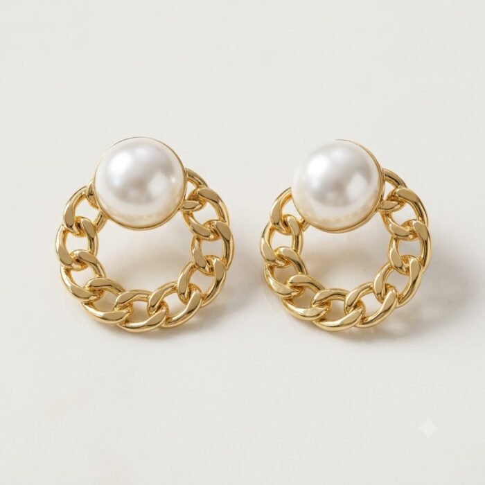 Golden Pearl Chain Hoop Earrings