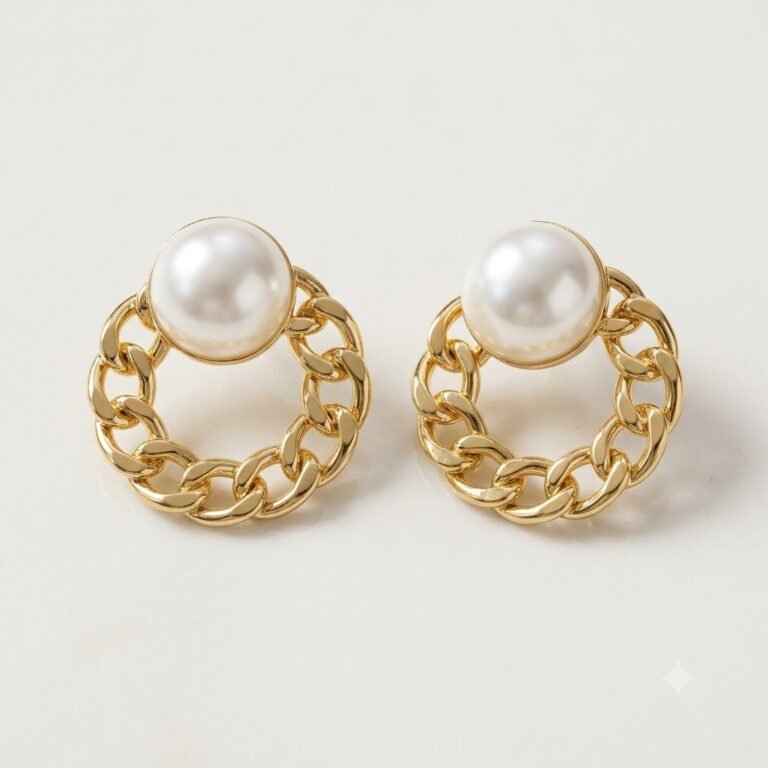 Golden Pearl Chain Hoop Earrings